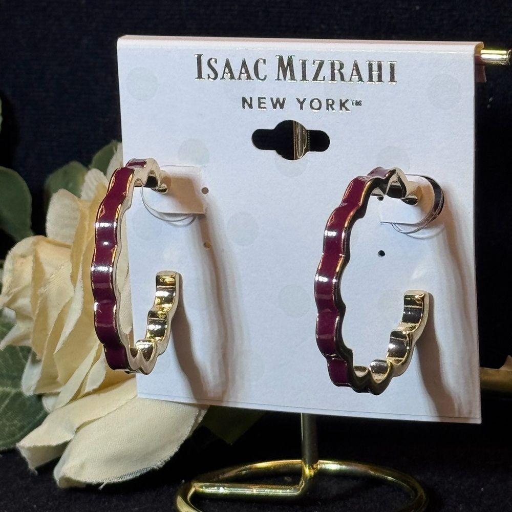 NWT Isaac Mizrahi Gold Tone Burgundy Red Enamel Open Hoop Earrings 1.5"